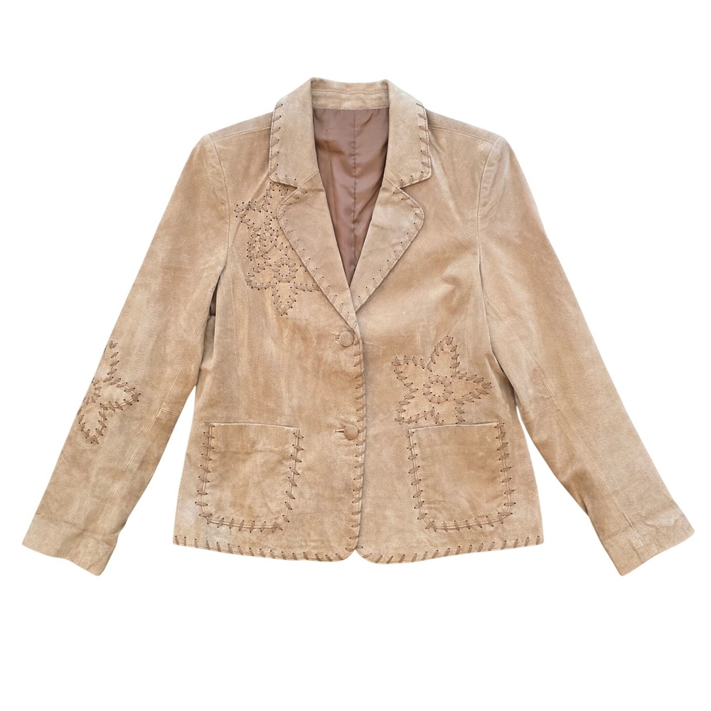 Vintage Western Boho Tan Suede Leather Whipstitch Star Blazer Jacket M/L